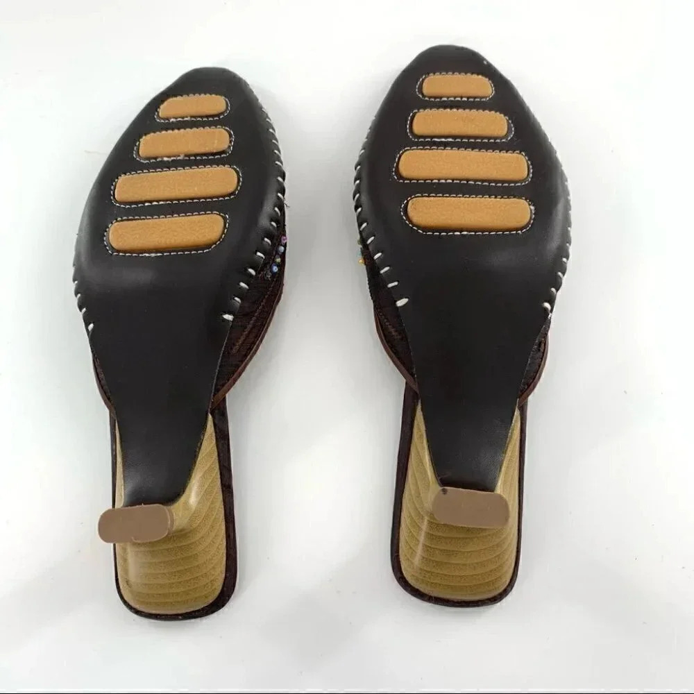Coldwater Creek size 7.5 mules chocolate brown Thai satin beaded Bollywood - Picture 7 of 12